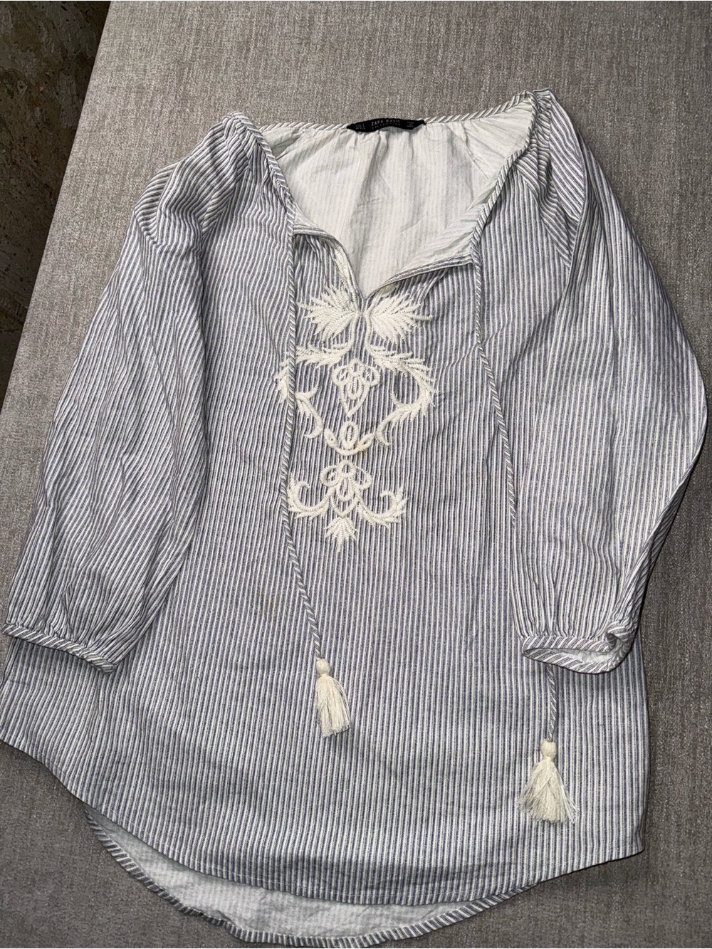 Zara Basic Collection Women’s Small Blue White Stripe Embroidered Boho Tunic Top